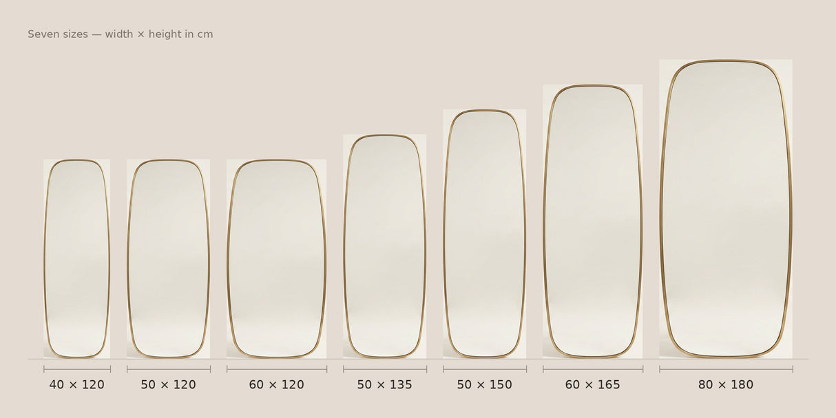 Modern Oval Full Length Wall Mirror, Slim Brass Frame — size diagram, all seven sizes to scale