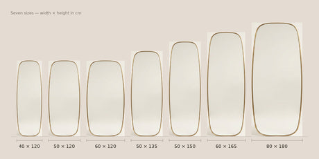 Modern Oval Full Length Wall Mirror, Slim Brass Frame — size diagram, all seven sizes to scale