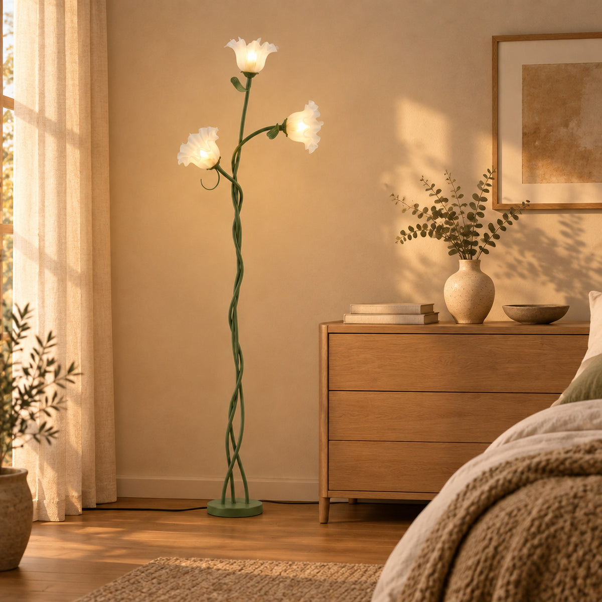 Bloom Twist Floor Lamp - dresser lifestyle, lamp on