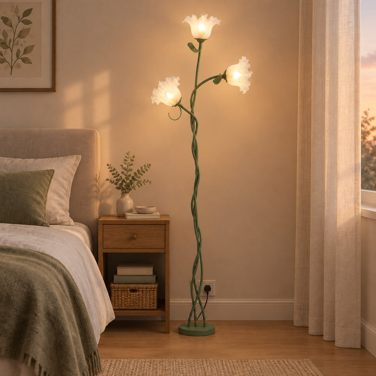 Bloom Twist Floor Lamp - bedroom in early evening, lamp on