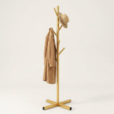 Branch Coat Stand — Gold with camel coat and straw hat