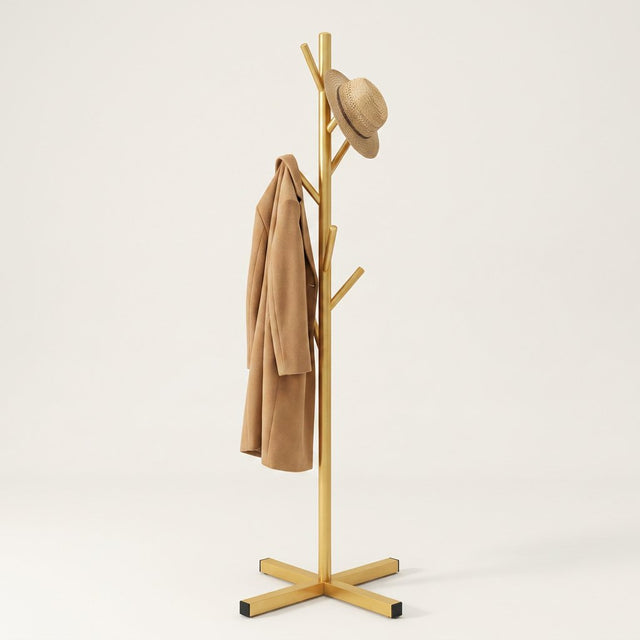 Branch Coat Stand — Gold with camel coat and straw hat