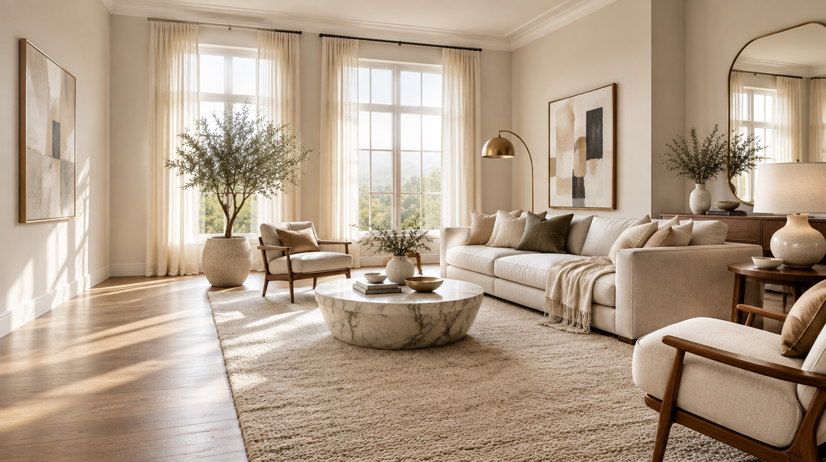 Elegant living room in daylight with a brass floor lamp and matching table lamp