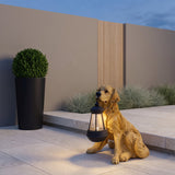 Guardian Dog Lantern Statue — Golden Retriever at a home entrance at dusk