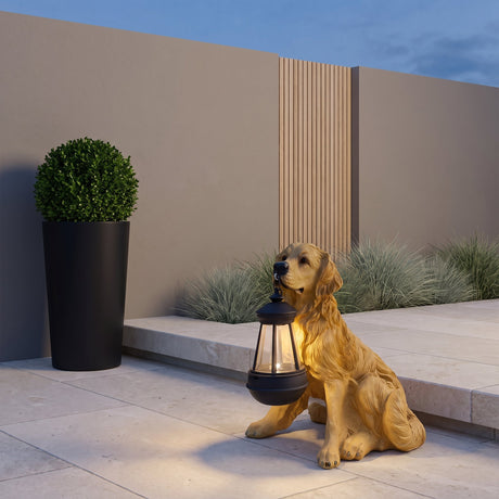 Guardian Dog Lantern Statue — Golden Retriever at a home entrance at dusk