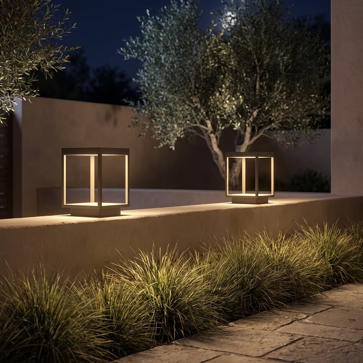 Frame Cube Pillar Light — lifestyle, courtyard wall