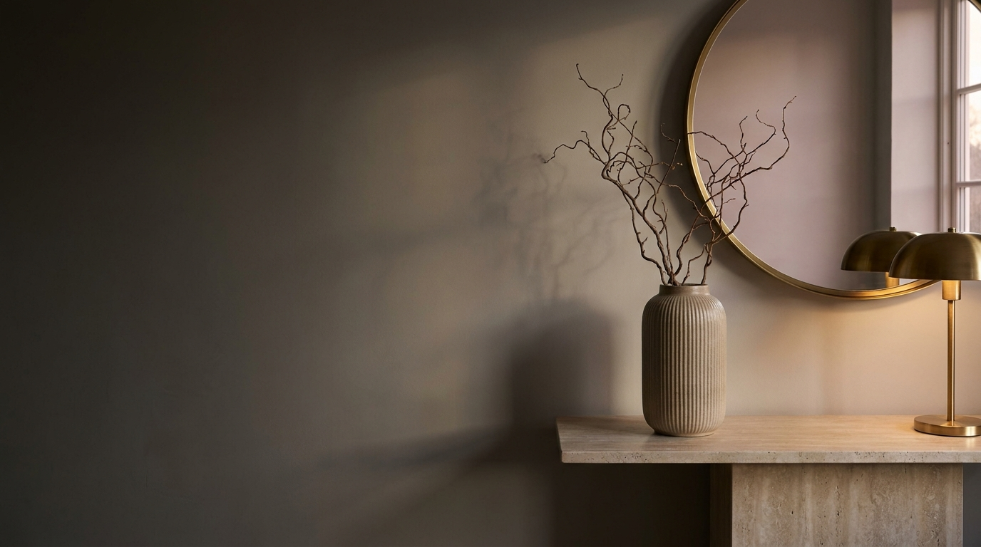 Travertine console with stoneware vase, brass lamp glowing and round brass mirror on a dusky greige wall
