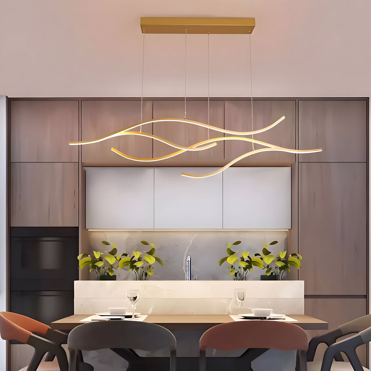 Waves Linear Pendant — Gold 47.2 in in a kitchen