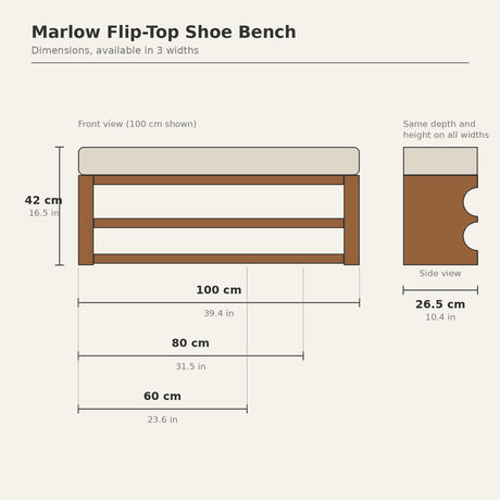 Marlow Flip-Top Shoe Bench — dimensions diagram for 60, 80 and 100 cm widths