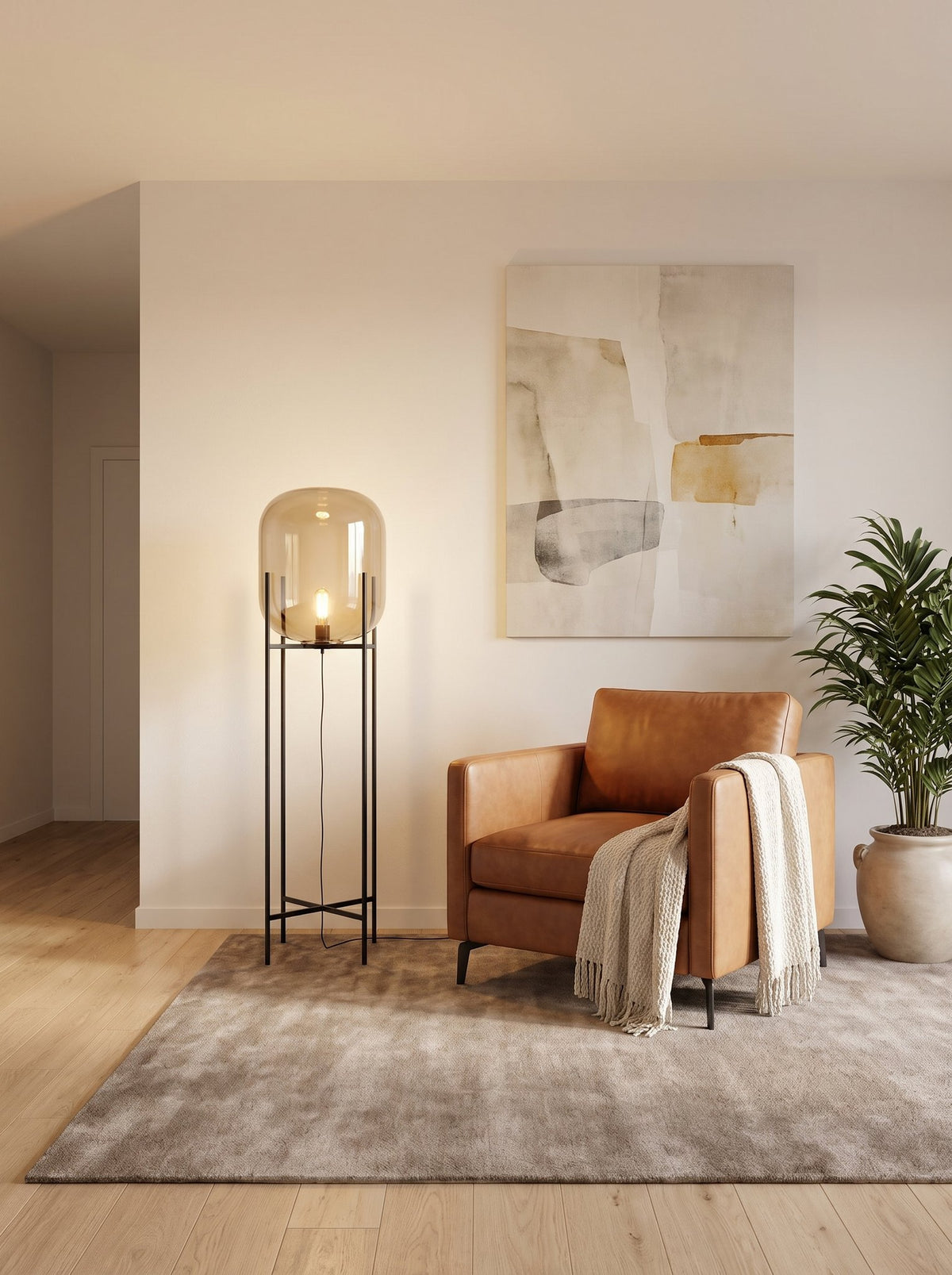 Nimbus Glass Floor Lamp — Smoke Gray lifestyle, living room