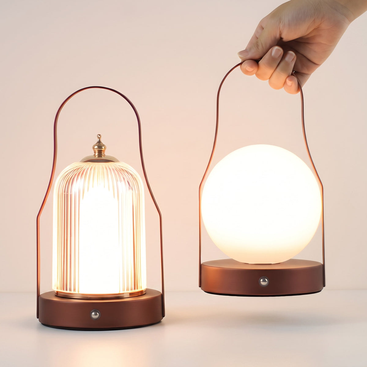 Ember Brass Lantern Lamp — Moon and Birdcage, held for scale