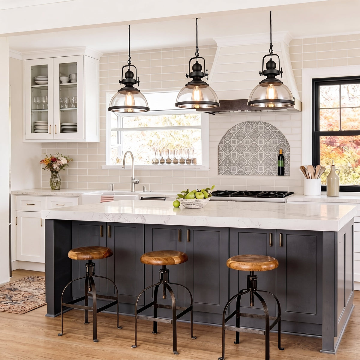 Foundry Glass Pendant — three pendants over a kitchen island