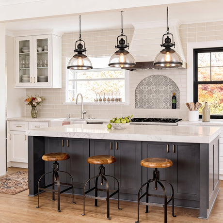 Foundry Glass Pendant — three pendants over a kitchen island