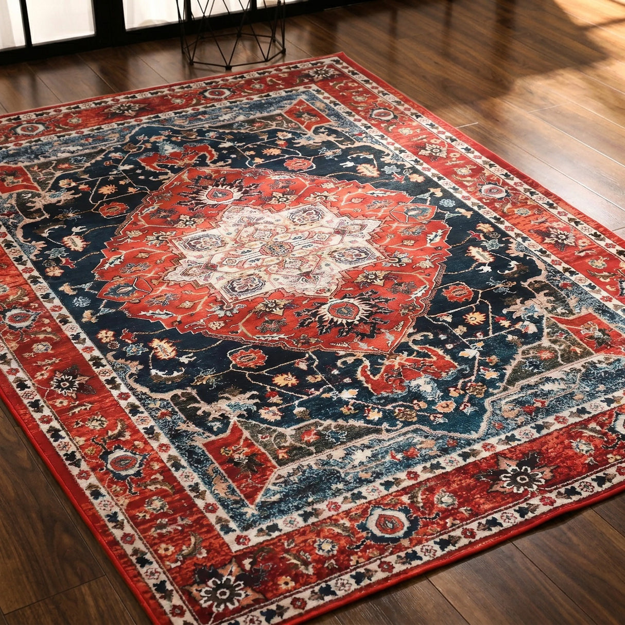 Orivala Oriental Style Area Rug — Style A in a modern living room on walnut floor