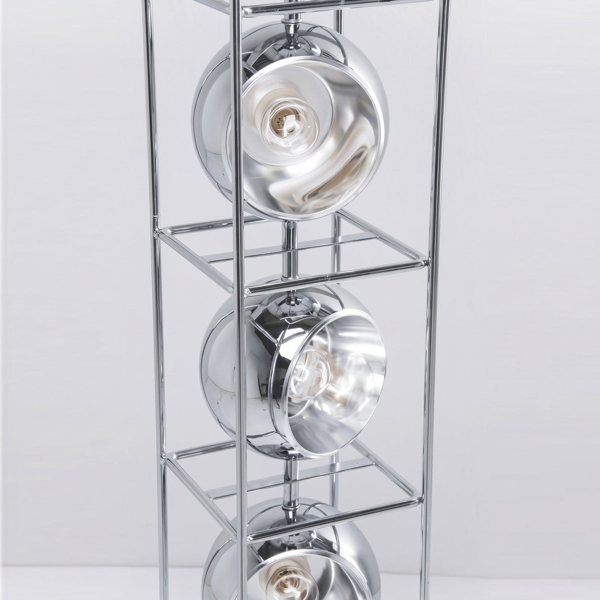 Orbit Bauhaus Floor Lamp — detail of chrome-ringed spheres