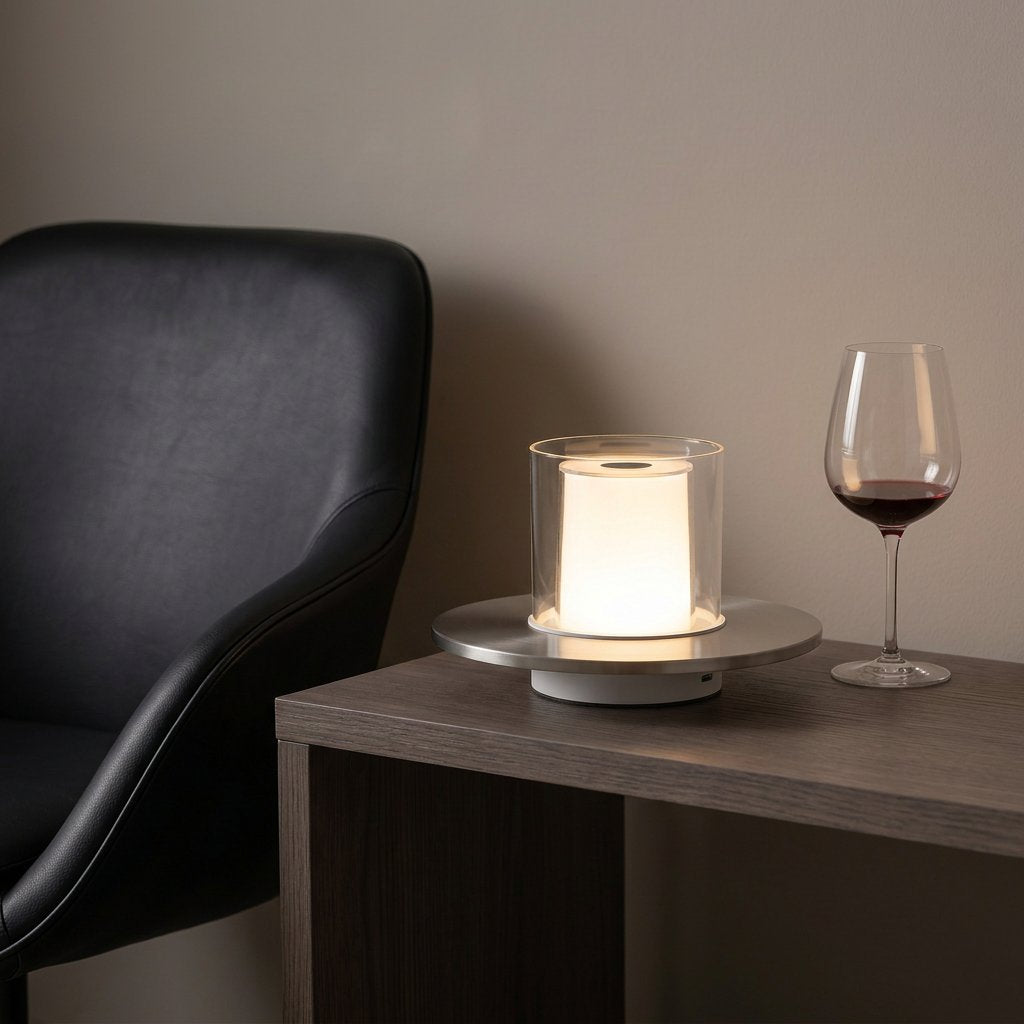 Lumen Touch Table Lamp — Nickel on living room side table