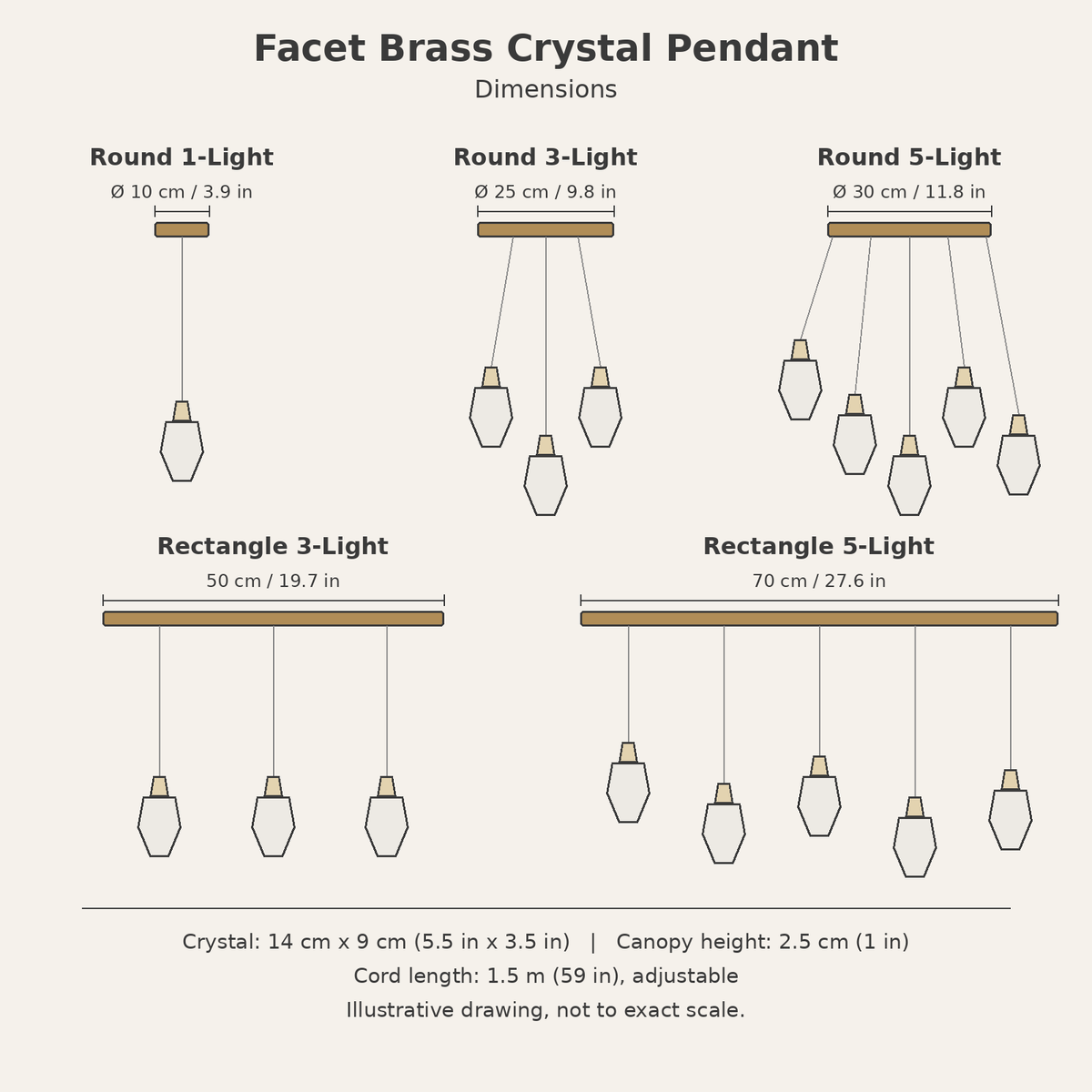 Facet Brass Crystal Pendant — dimensions diagram
