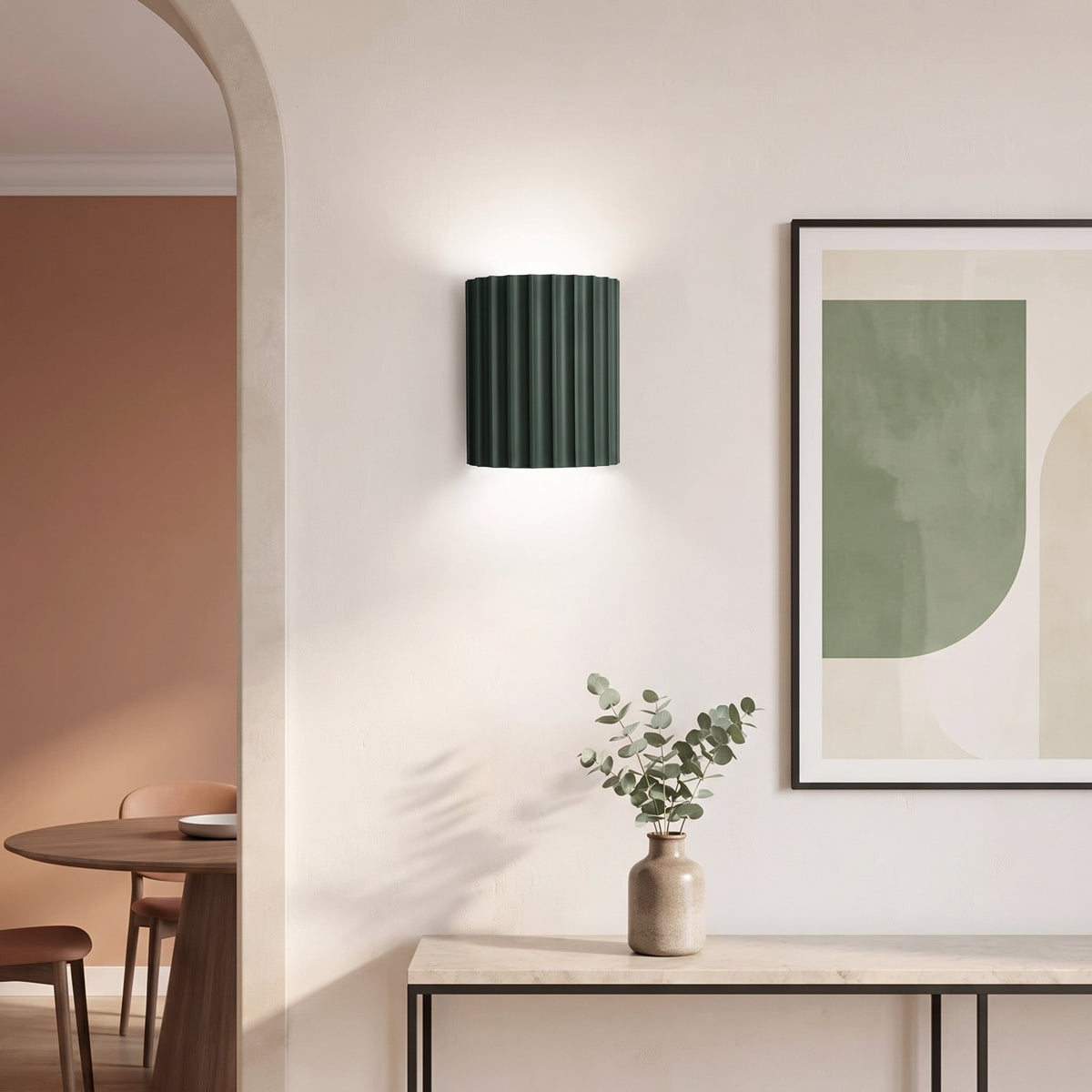 Ribbed Resin Wall Sconce — lifestyle, Green dining nook