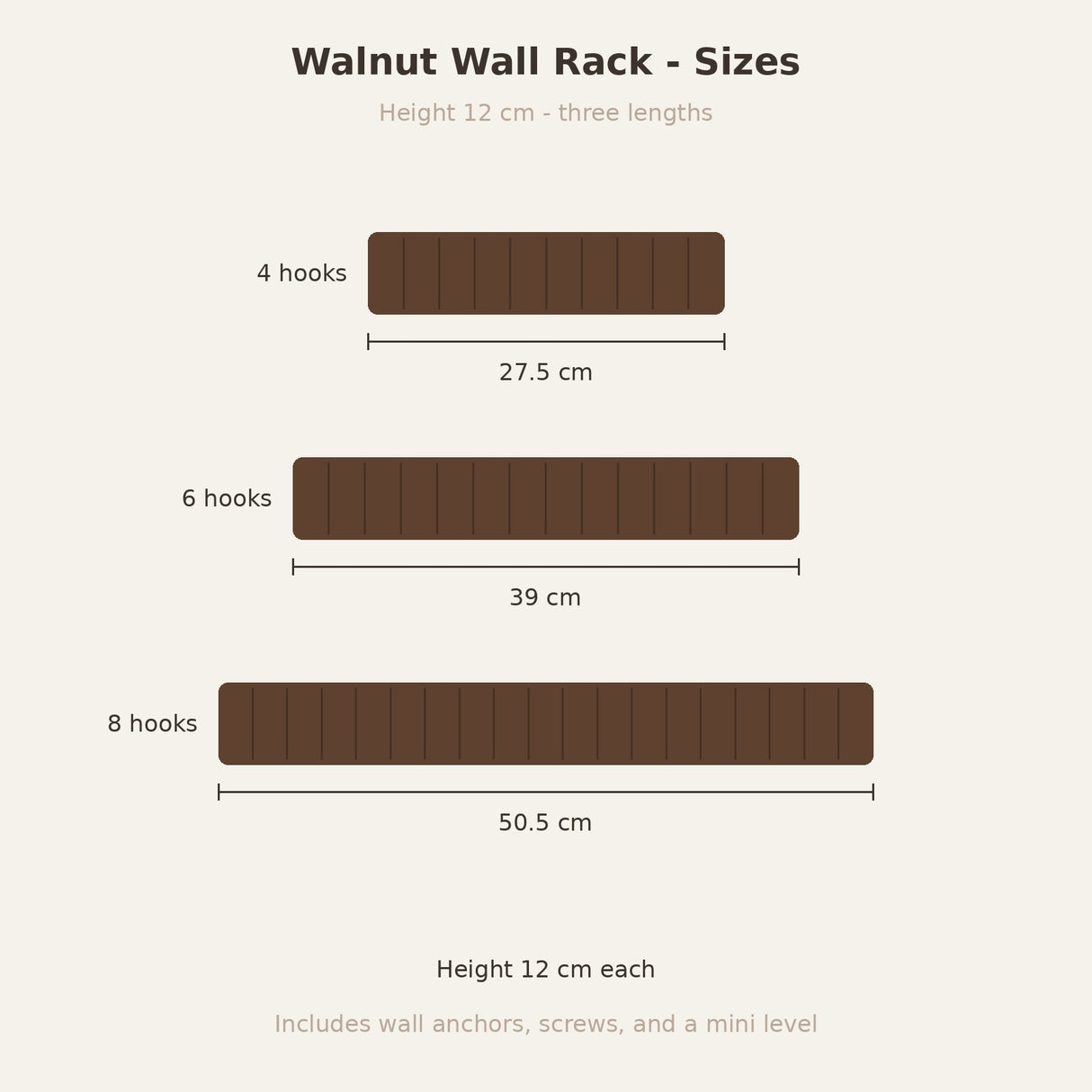 Modern Nordic Walnut Coat Rack — size chart, 4 6 and 8 hooks