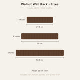 Modern Nordic Walnut Coat Rack — size chart, 4 6 and 8 hooks