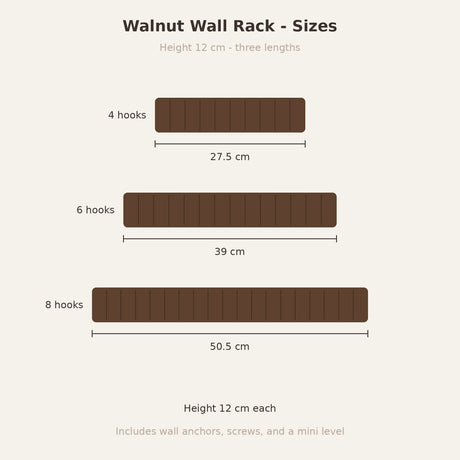 Modern Nordic Walnut Coat Rack — size chart, 4 6 and 8 hooks