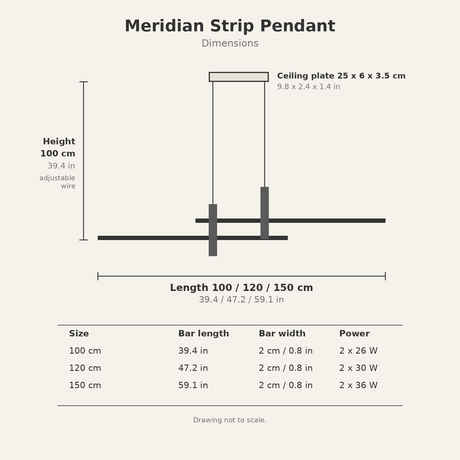 Meridian Strip Pendant — size and power diagram