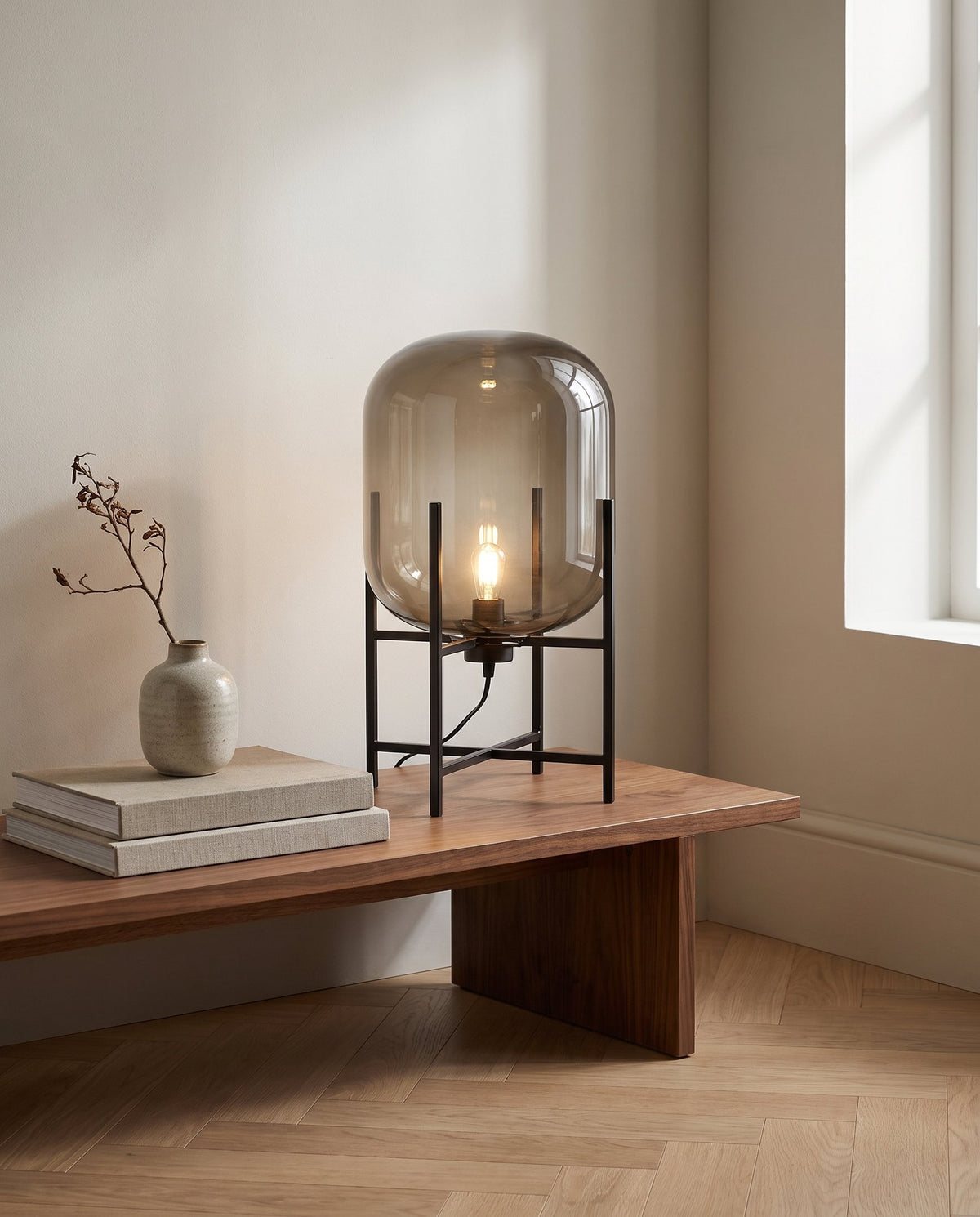 Nimbus Glass Floor Lamp — Smoke Gray lifestyle, oak console