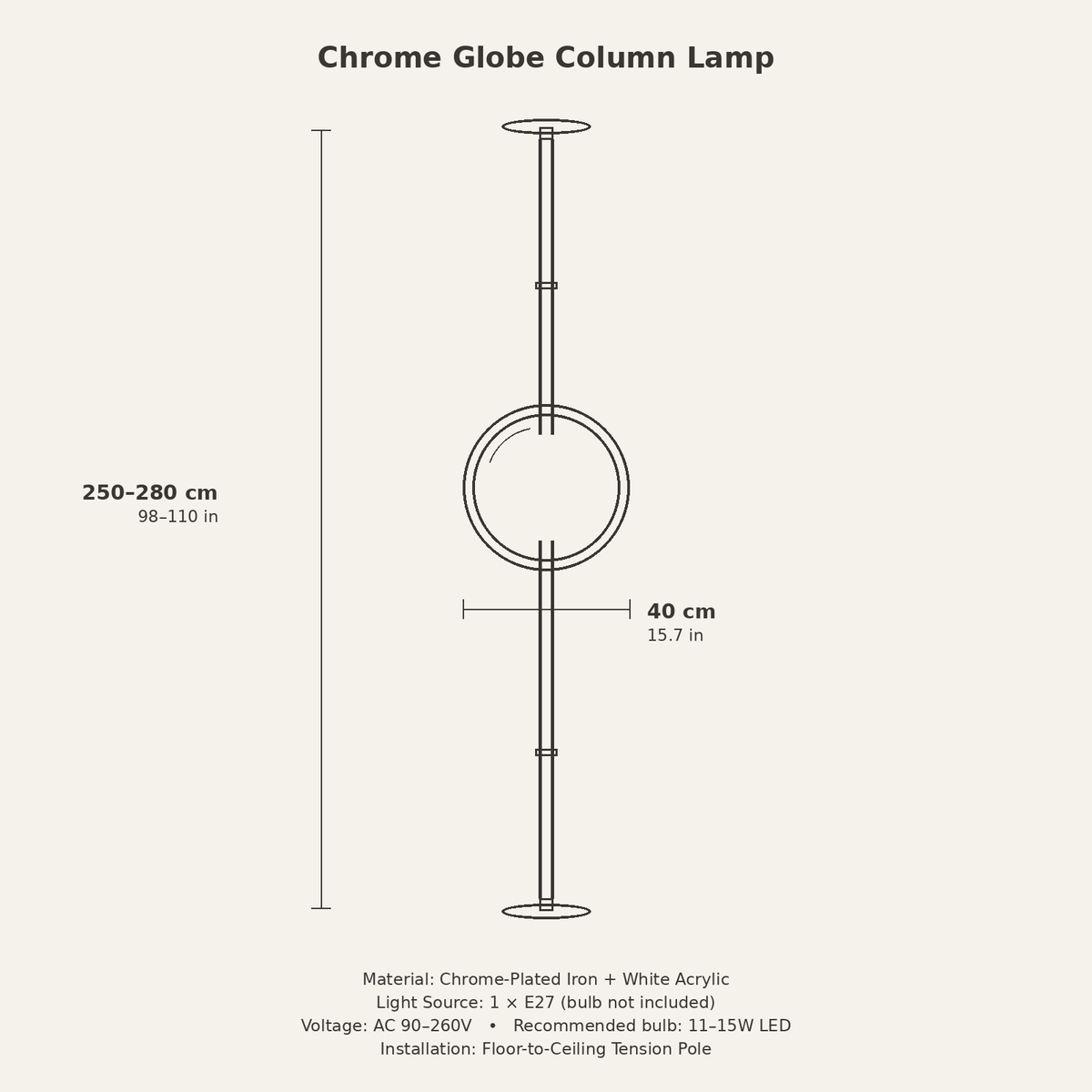 Chrome Globe Column Lamp — dimensions diagram