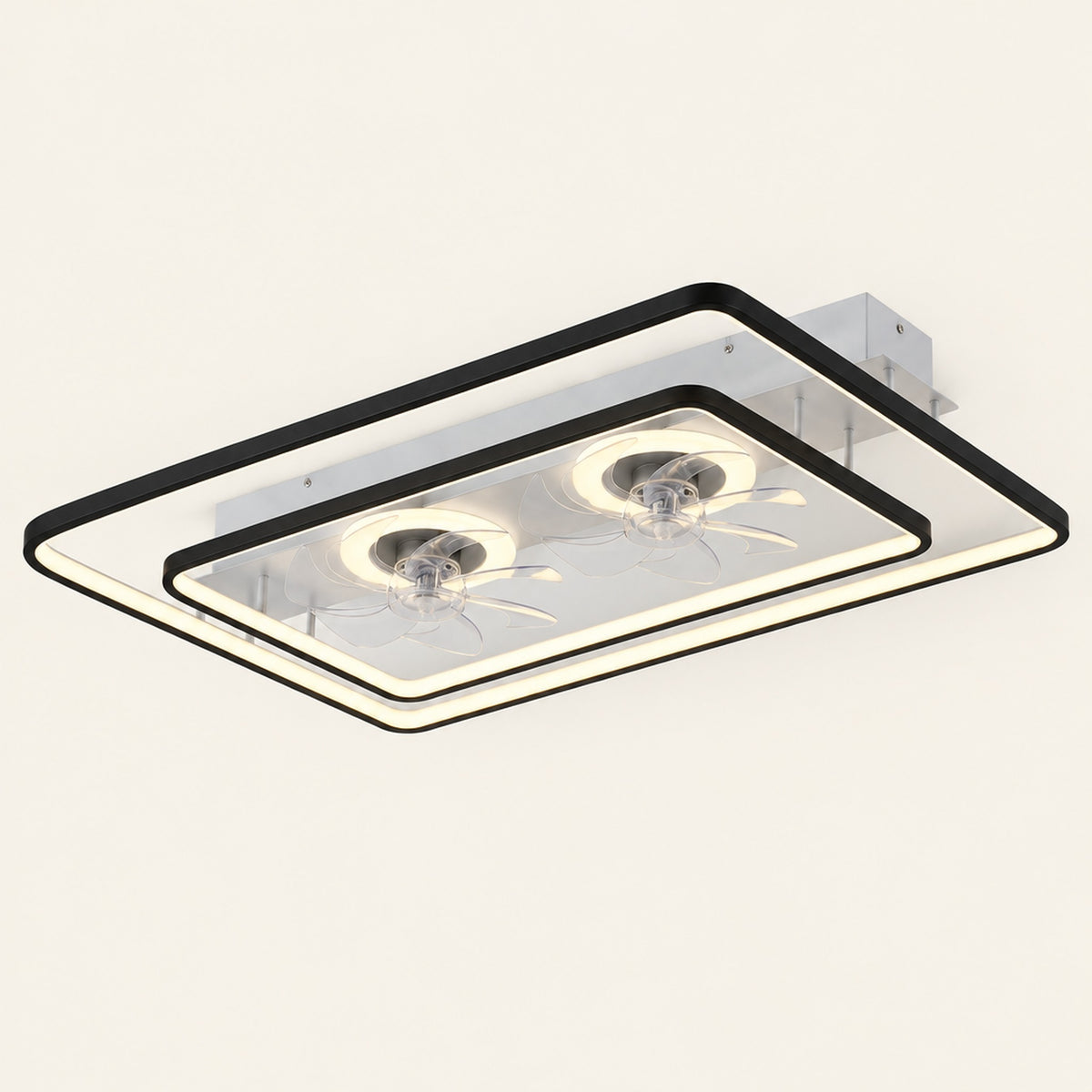 Dual Head Ceiling Fan in black, rectangular frames with two ring-lit fans