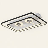 Dual Head Ceiling Fan in black, rectangular frames with two ring-lit fans