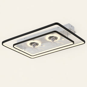 Dual Head Ceiling Fan in black, rectangular frames with two ring-lit fans