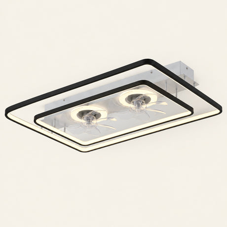 Dual Head Ceiling Fan in black, rectangular frames with two ring-lit fans