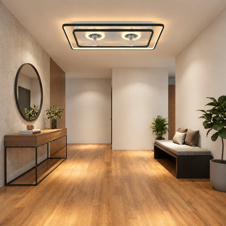 Black dual head ceiling fan light in a hallway
