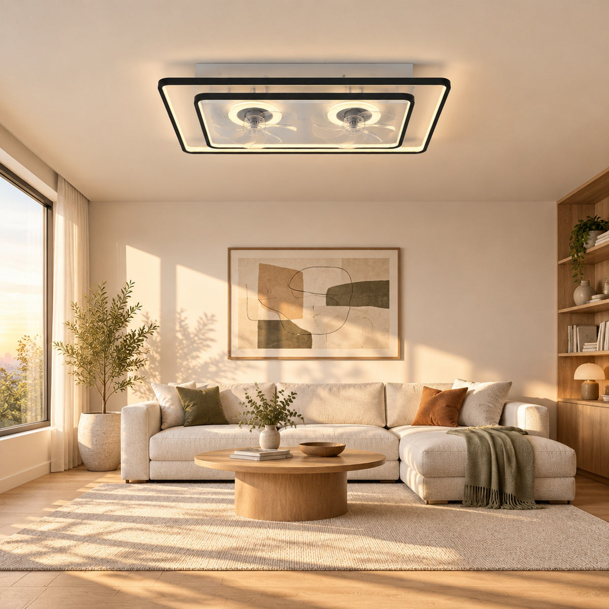 Black dual head ceiling fan light in a sunlit living room