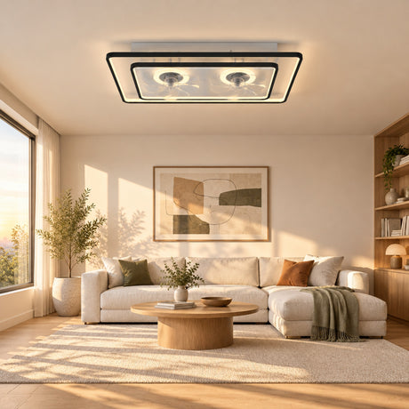 Black dual head ceiling fan light in a sunlit living room