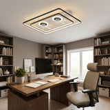 Black dual head ceiling fan light in a home office