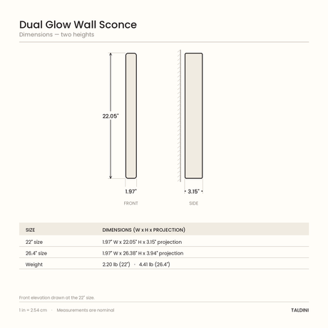 Dual Glow Wall Sconce - dimensions diagram, 22 inch and 26.4 inch sizes