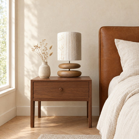 Dune Stacked Table Lamp — on a walnut nightstand by the bed