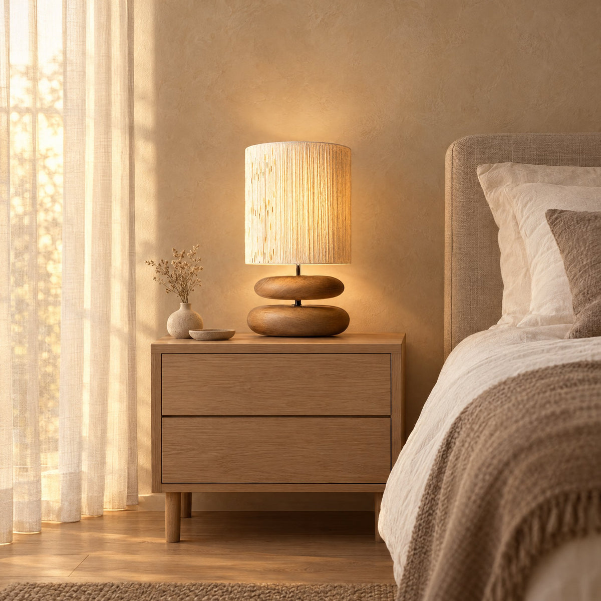 Dune Stacked Table Lamp — glowing at dusk in a bedroom