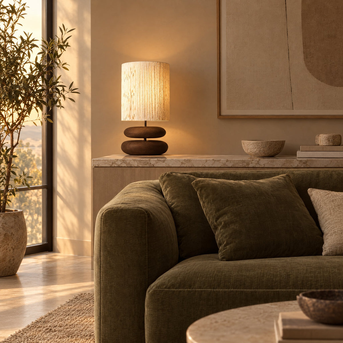 Dune Stacked Table Lamp — Walnut glowing at dusk behind a velvet sofa
