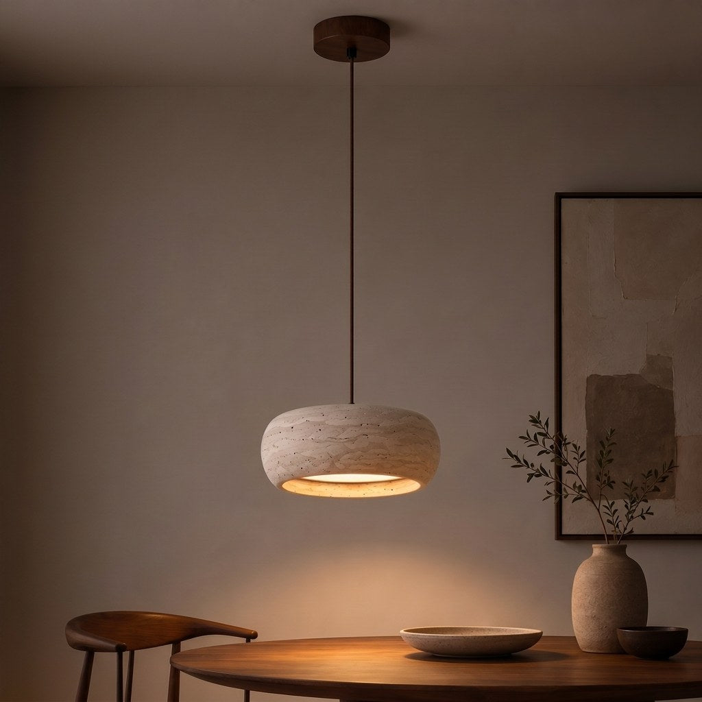 Ithaca Travertine Pendant — evening dining table lifestyle