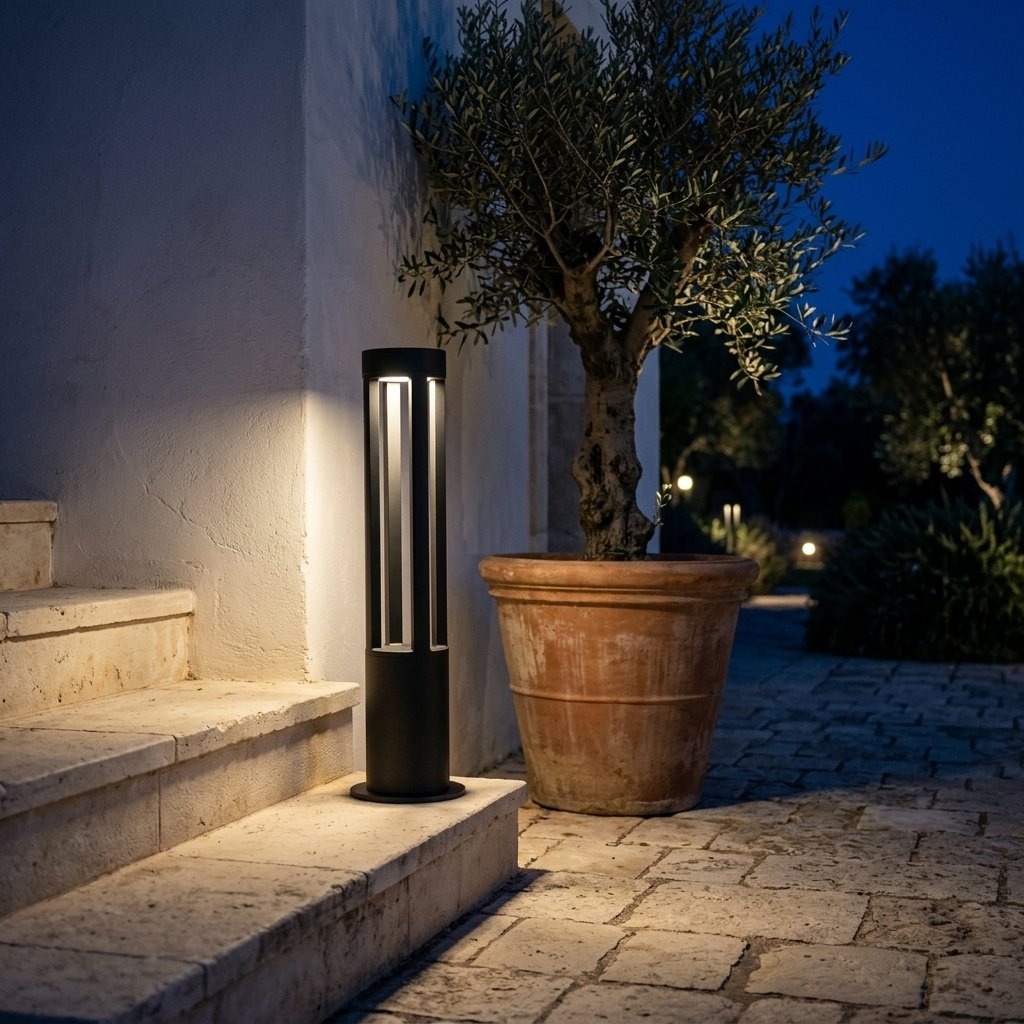 Tamsin Cylinder Bollard Light — beside courtyard steps at night
