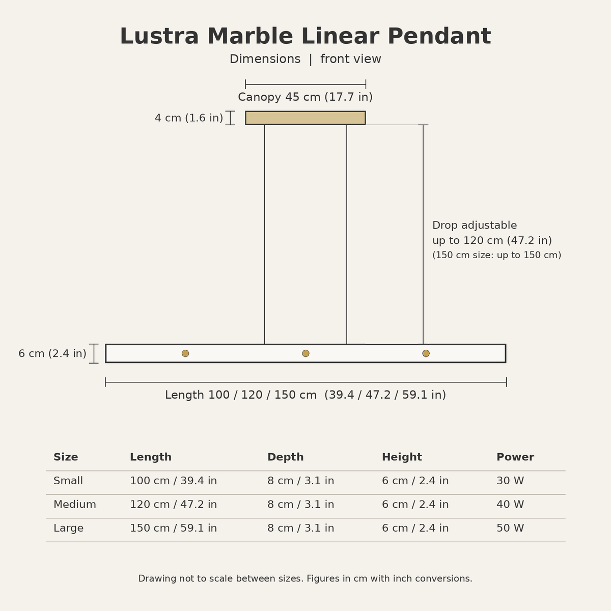 Lustra Marble Linear Pendant — dimensions diagram