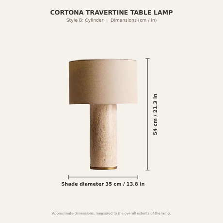 Cortona Travertine Table Lamp — dimensions, cylinder style (Style B)