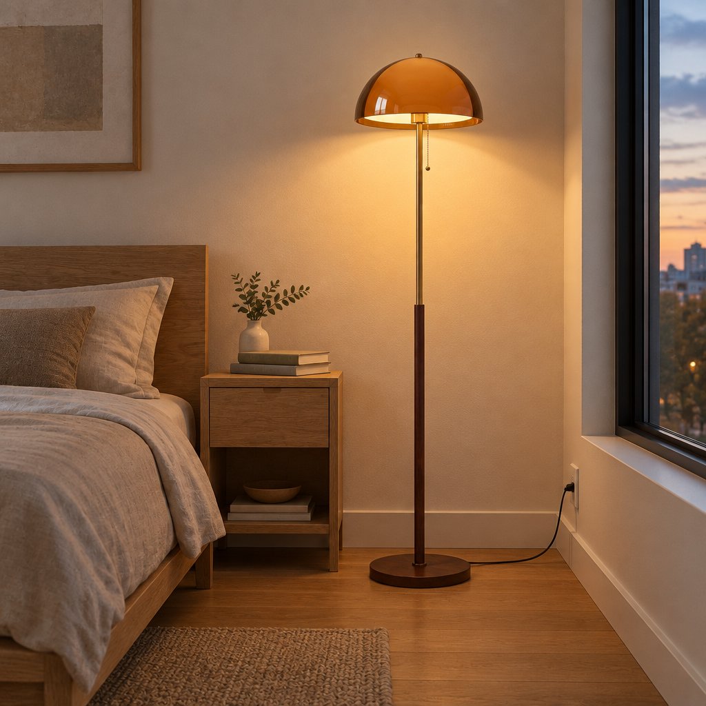 Ember Acrylic Dome Floor Lamp — bedroom in early evening, lamp on