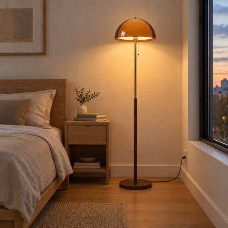 Ember Acrylic Dome Floor Lamp — bedroom in early evening, lamp on