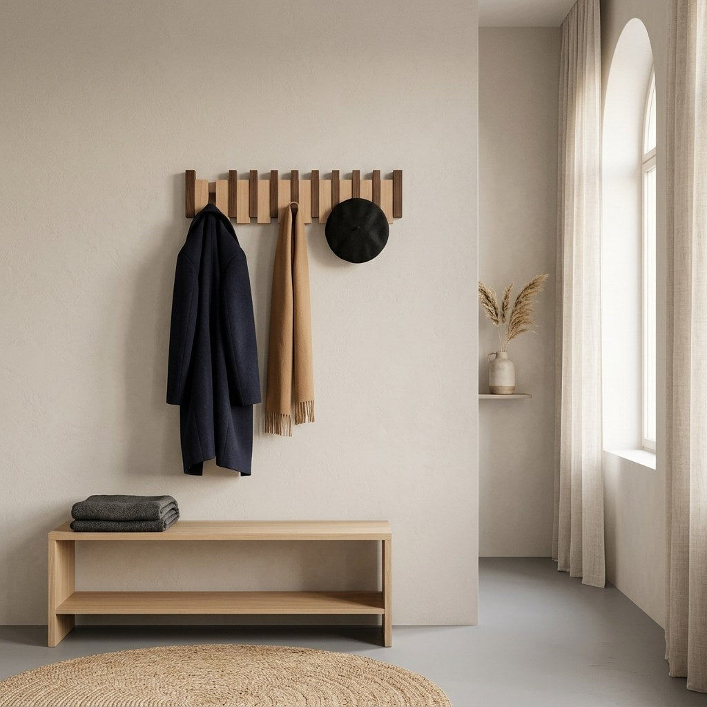 Orlo Piano Key Coat Rack — in a Japandi apartment entry with a navy coat and scarf