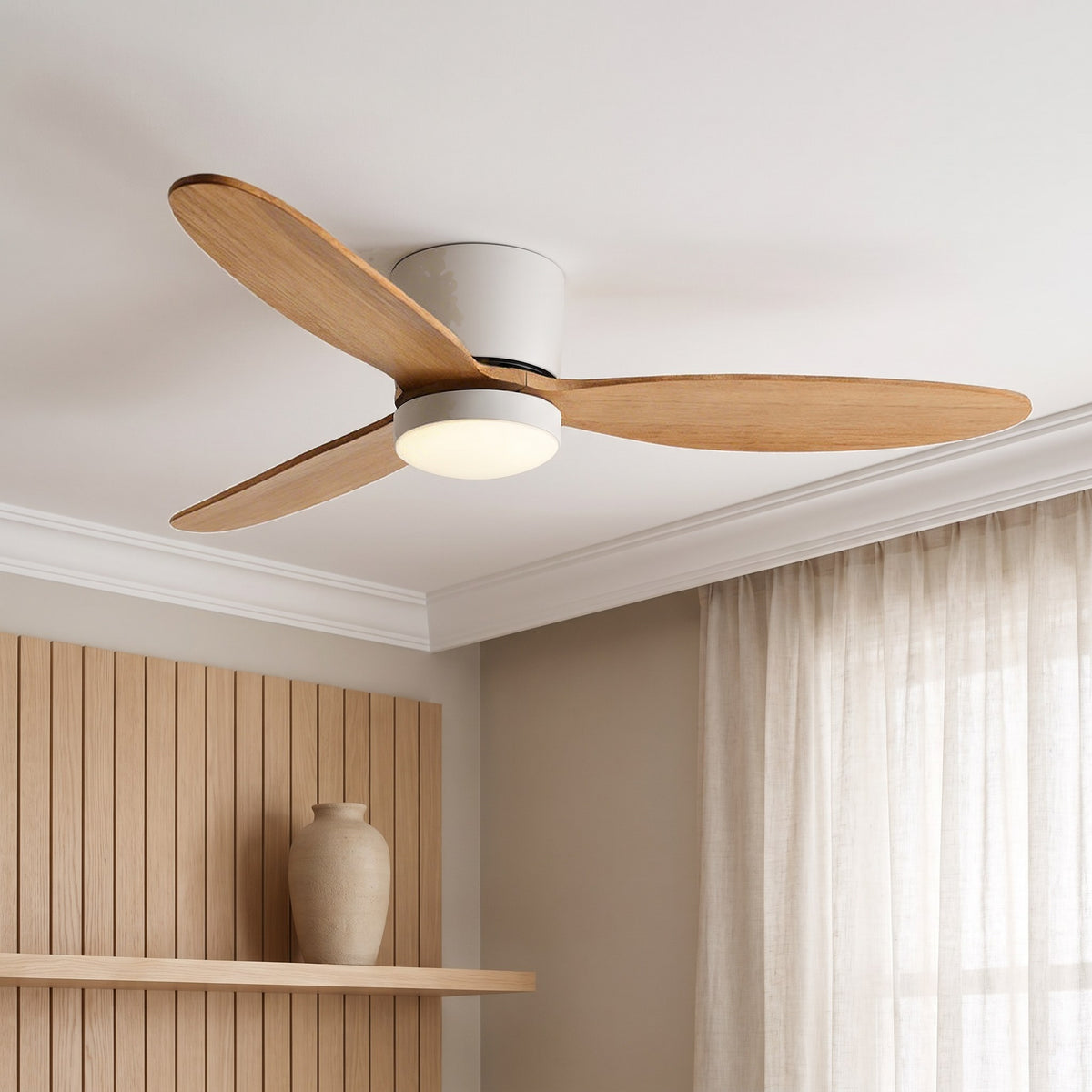 Halden Ceiling Fan — White / Wood on a living room ceiling