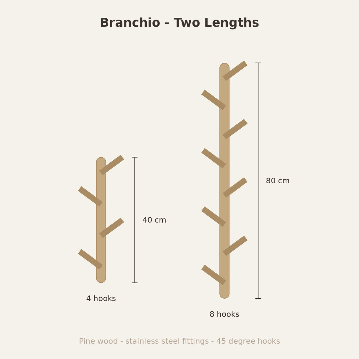 Branchio Tree-Branch Coat Rack — length chart, 40 cm and 80 cm