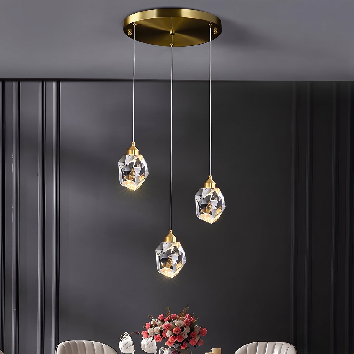 Facet Brass Crystal Pendant — round 3-light dining lifestyle